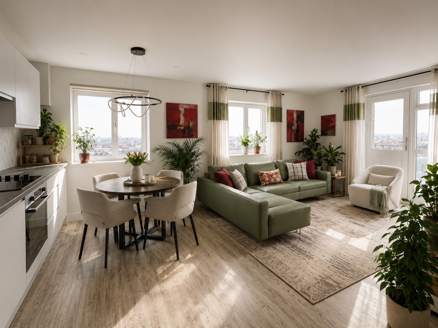 Bright furnished living room with green sofa